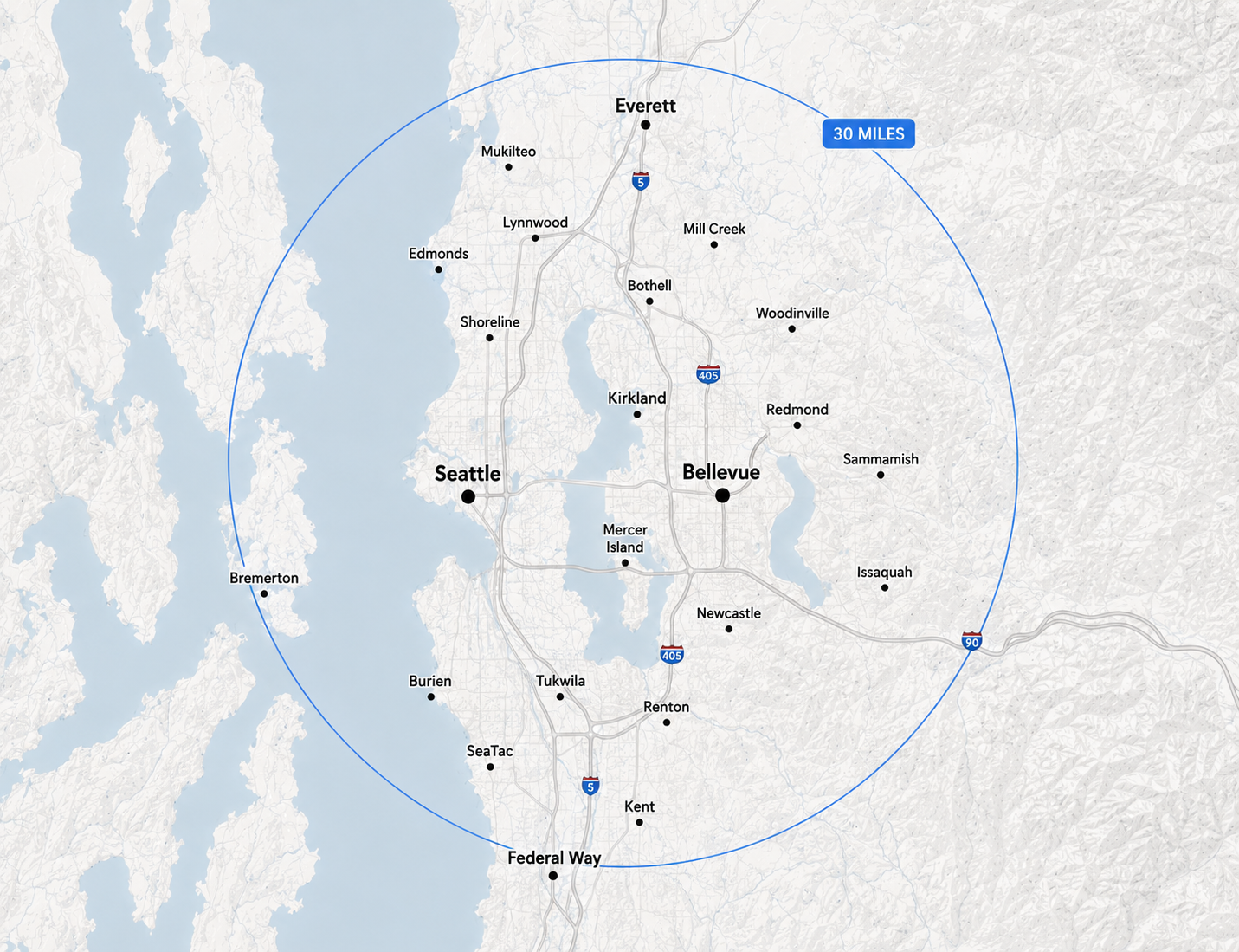 Art Booth Seattle service area — 50-mile radius around Seattle