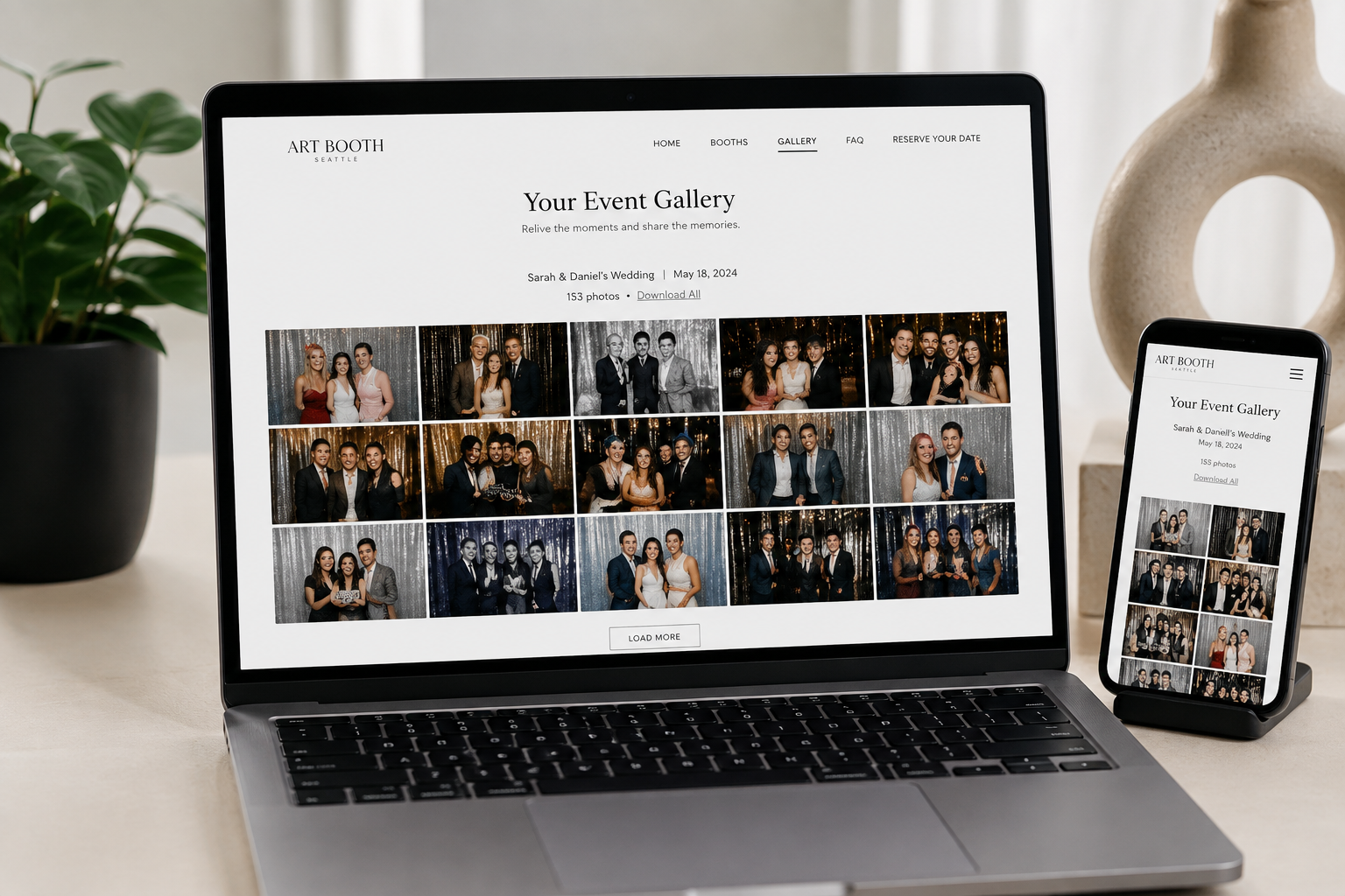 Online photo booth event gallery displayed on laptop and phone