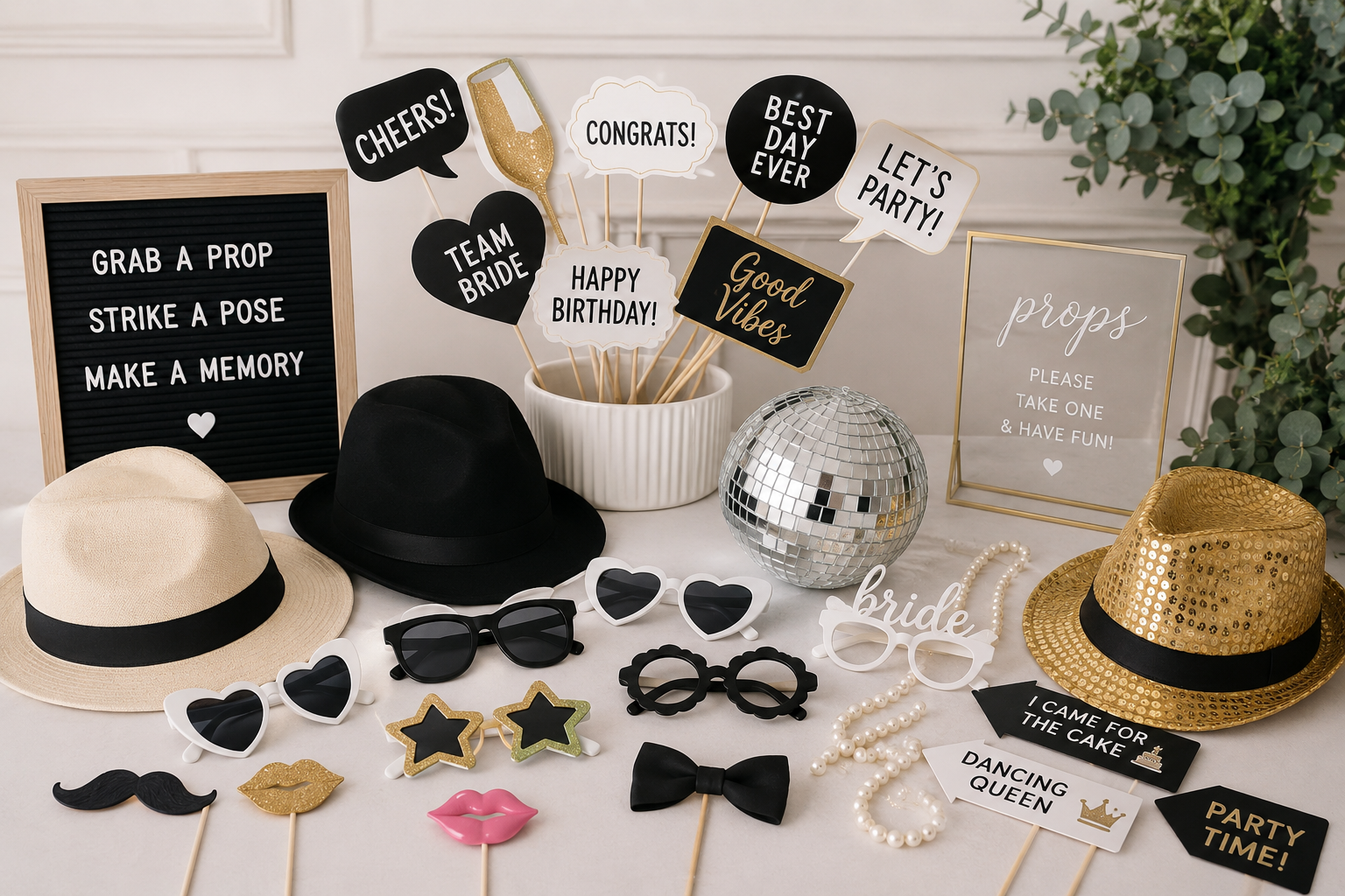 Photo booth props for weddings, birthdays, corporate events and celebrations